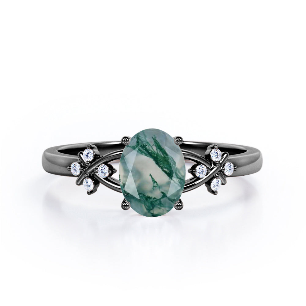 Luxurious Clover Lucky Leaf 0.5 carat Oval Moss Green Agate and Diamond Engagement Ring in Rose Gold