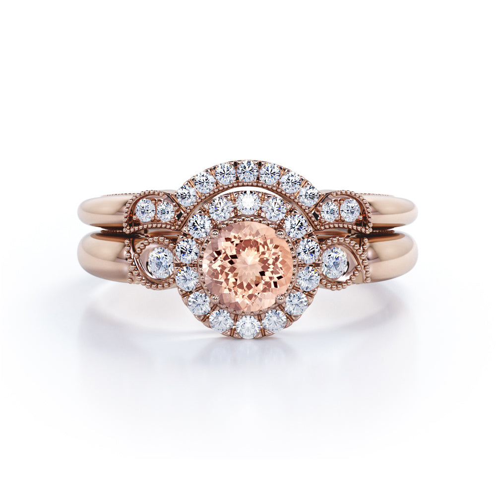 1.5 Carat Round Cut Peach Morganite and Diamond Bridal Ring Set in 10k White Gold Stunning Ring