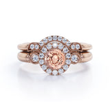 1.5 Carat Round Cut Peach Morganite and Diamond Bridal Ring Set in 10k White Gold Stunning Ring