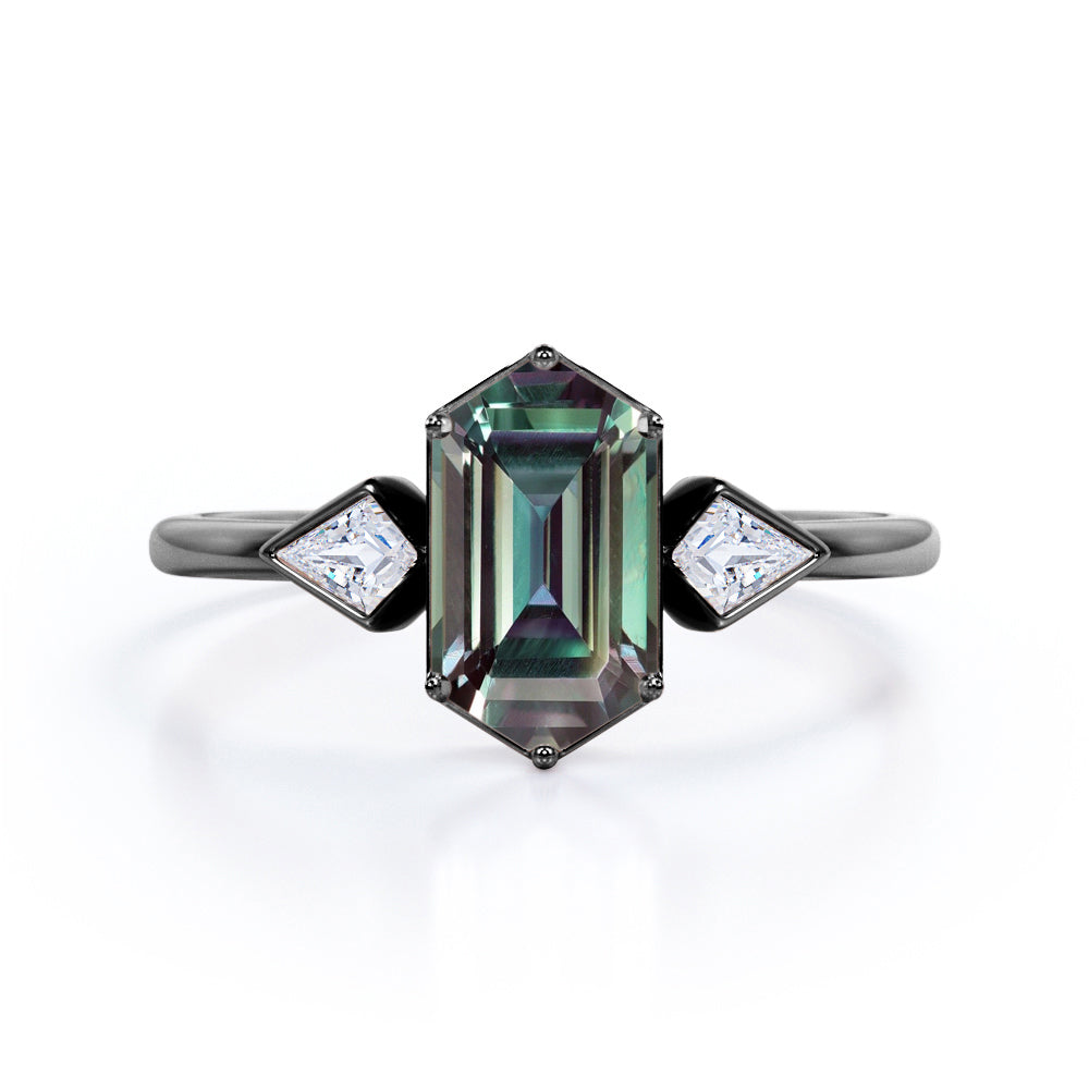 Trillion Six Prong 1.20 Carat Hexagon Shaped Lab Created Alexandrite And Diamond Three Stone Bezel Set Engagement Ring In White Gold