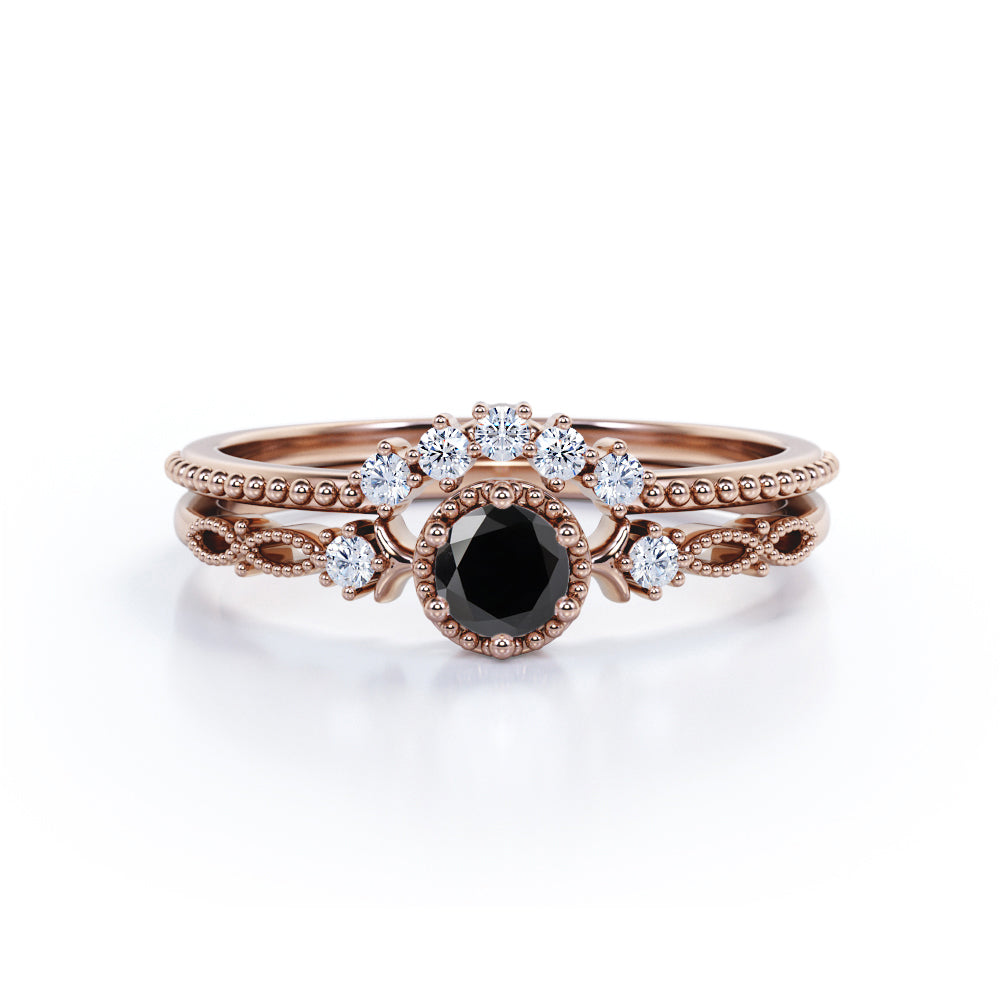 Dainty 0.75 Carat Round cut Lab Black Diamond Solitaire Bridal Ring Set in White Gold
