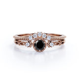 Dainty 0.75 Carat Round cut Lab Black Diamond Solitaire Bridal Ring Set in White Gold