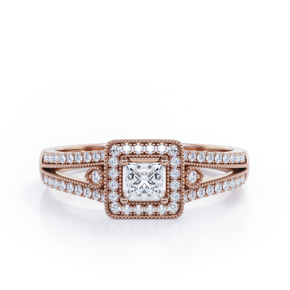 Split-Shanked Pave 1.55 Carat Princess Cut Moissanite and diamond Milgrain-Bordered Halo Engagement Ring in White Gold