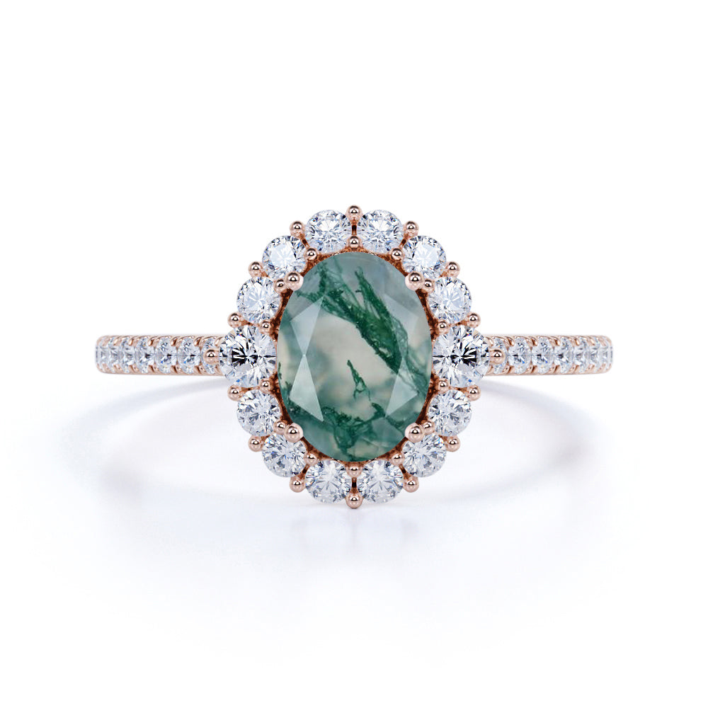 Halo Cluster 1.50 ct Oval Moss Agate Engagement Ring