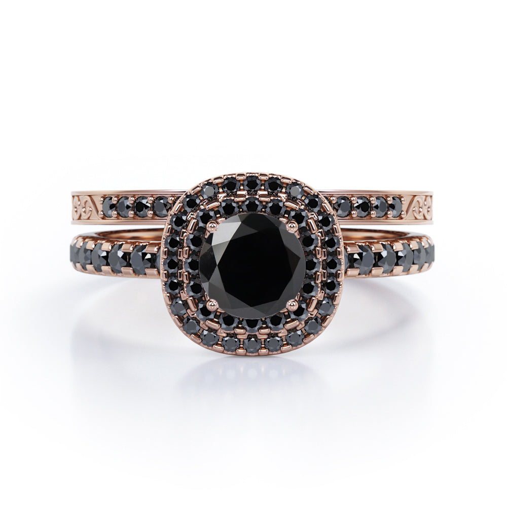 Cushion Double Halo 1.75 TCW Round Brilliant Cut Lab Created Black Diamond Bridal Set with Pave Accents in White Gold