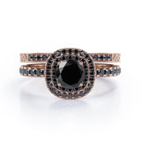 Cushion Double Halo 1.75 TCW Round Brilliant Cut Lab Created Black Diamond Bridal Set with Pave Accents in White Gold