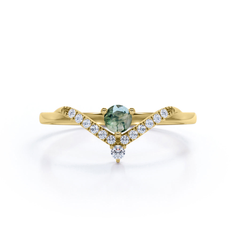 Classic Nestled Ring 0.7 carat Round Moss Agate and Moissanite Engagement Ring in White Gold