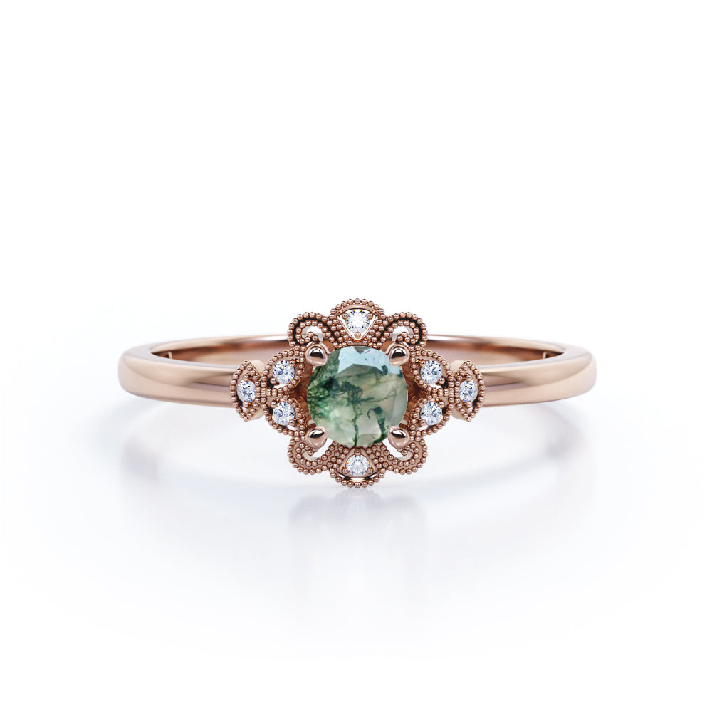 Milgrain Nature-Inspired 0.6 carat Round Green Moss Agate and Moissanite Engagement Ring in White Gold