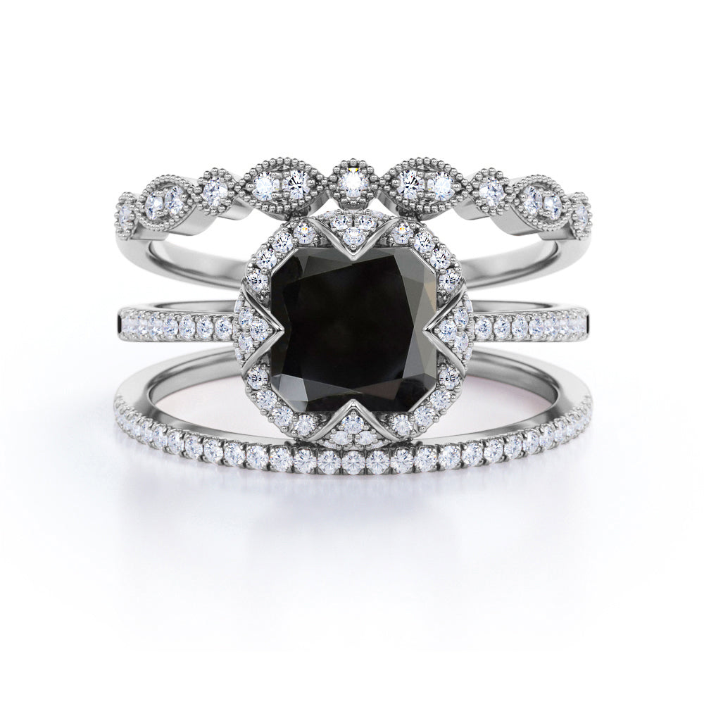 Bestselling 2 Carat Cushion cut Lab Black Diamond Halo Trio Wedding Bridal Ring Set in Rose Gold