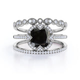 Bestselling 2 Carat Cushion cut Lab Black Diamond Halo Trio Wedding Bridal Ring Set in Rose Gold