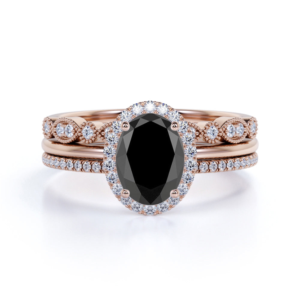 Artdeco 1.75 Carat Oval cut Lab Black Diamond Trio Wedding Bridal Ring Set White Gold