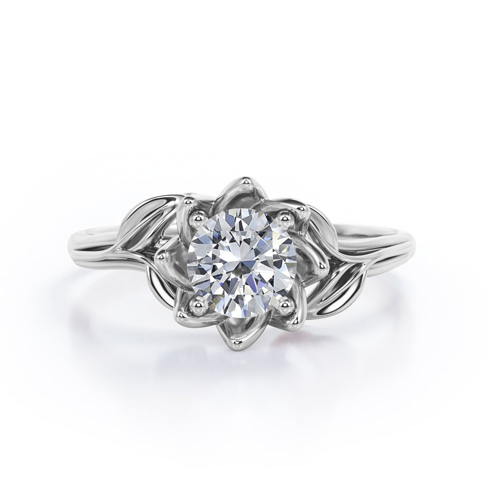 Floral Pattern 1 Carat Round Cut Moissanite Solitaire Nature Inspired Engagement Ring In Rose Gold