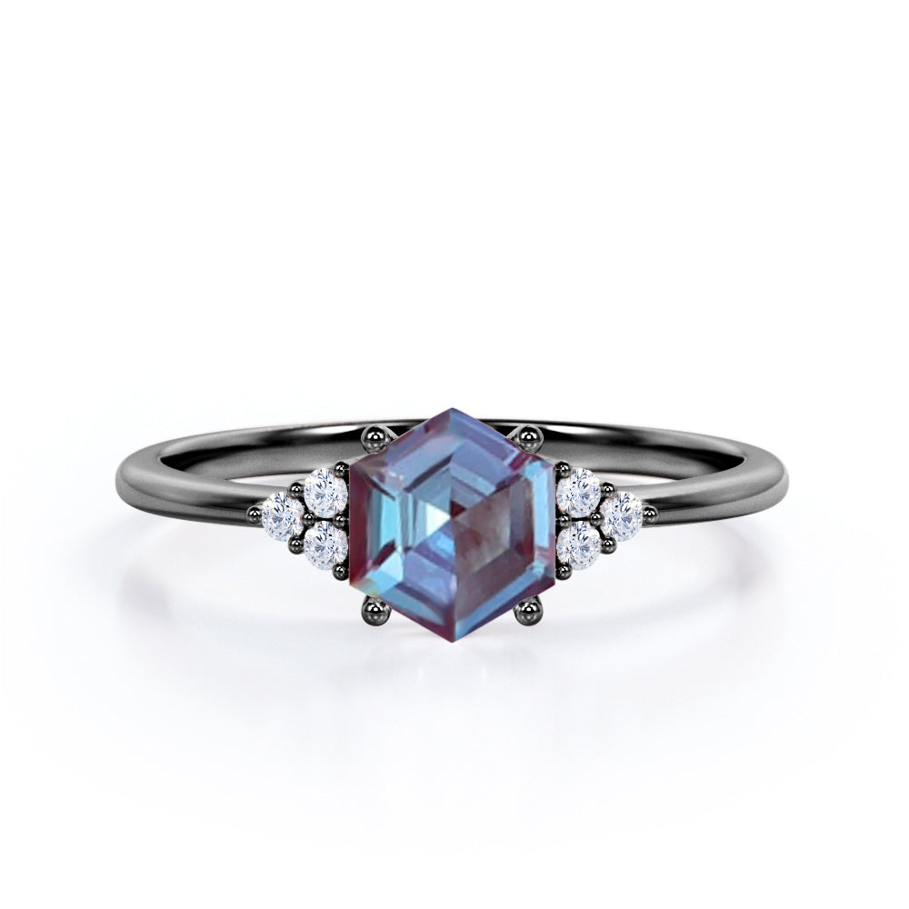Four Prong Basket Set 1.15 Carat Hexagon Cut Lab Created Alexandrite  And Diamond Seven Stone Engagement Ring In White Gold