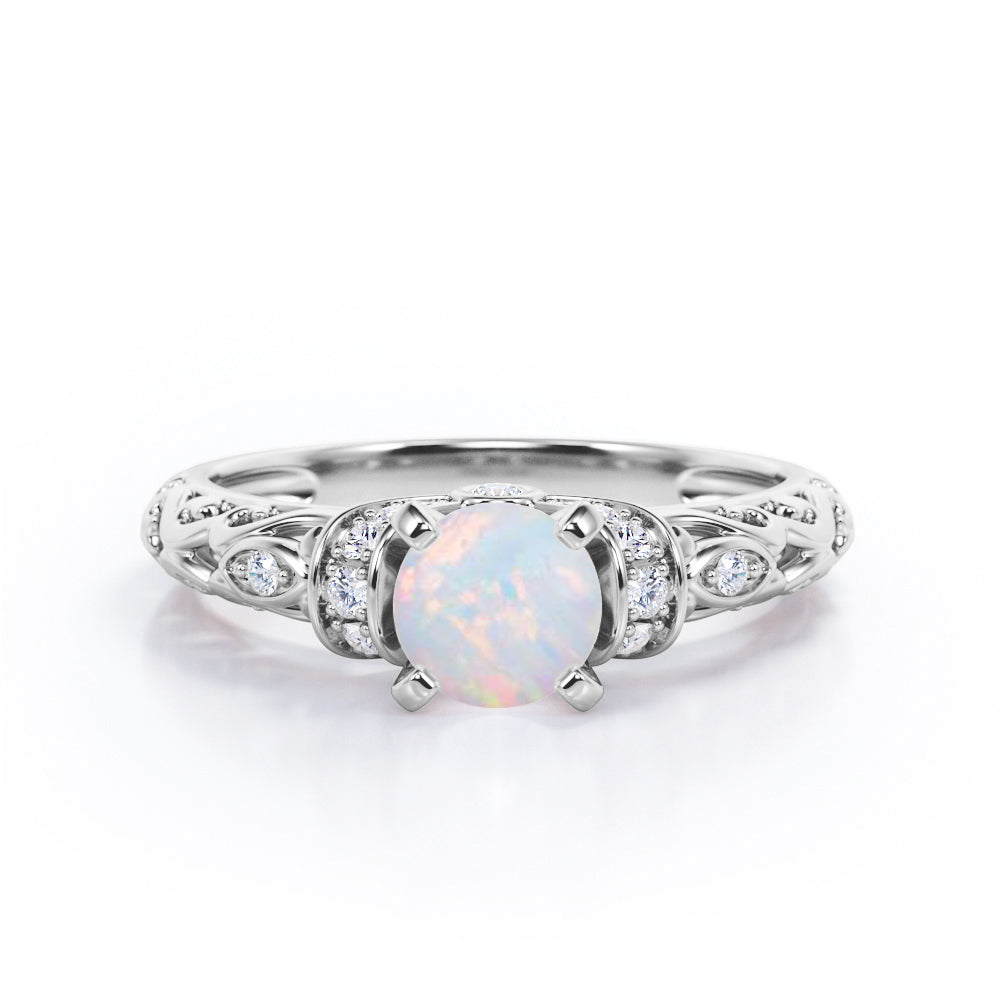 Modern Art Deco 1.15 Carat Round Cut Genuine Opal And Diamond  Four Prong Engagement Ring In Rose Gold