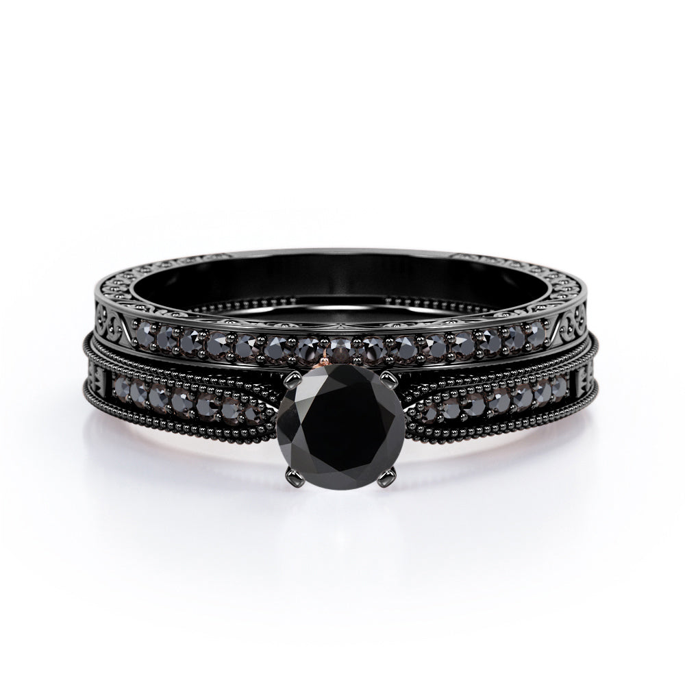Milgrain-Edged 1.5 TCW Round-Shaped Lab Created Black Diamond Art Deco Victorian Design Wedding Set in White Gold