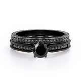 Milgrain-Edged 1.5 TCW Round-Shaped Lab Created Black Diamond Art Deco Victorian Design Wedding Set in White Gold