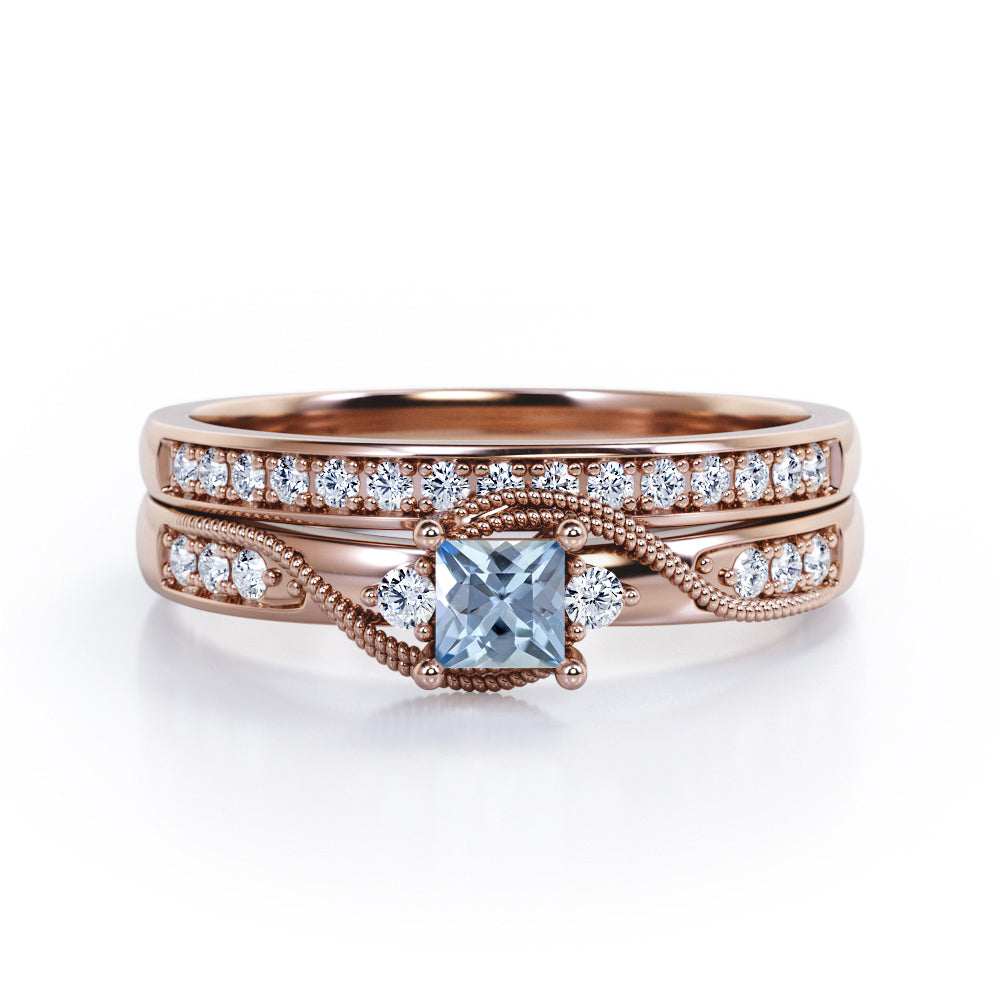 Trilogy Duo Milgrain 0.7 TCW Princess Cut Aquamarine and Moissanite Vintage Bridal Ring Set in White Gold