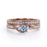 Trilogy Duo Milgrain 0.7 TCW Princess Cut Aquamarine and Moissanite Vintage Bridal Ring Set in White Gold