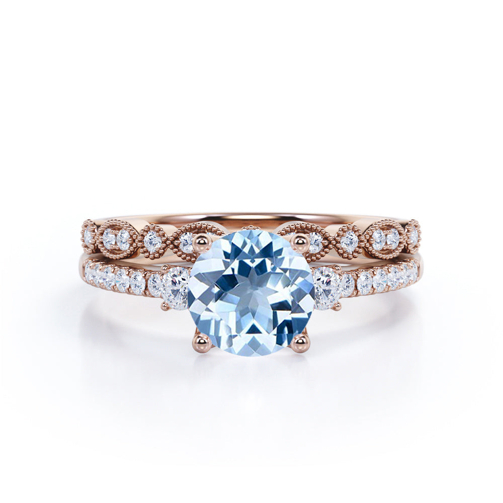 Antique 1.75 ct Round Aquamarine Pave Bridal Set