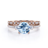 Antique 1.75 ct Round Aquamarine Pave Bridal Set