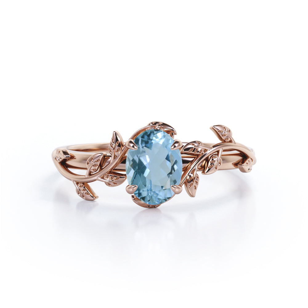 1 ct Oval Aquamarine Leaf and Vine Engagement Ring