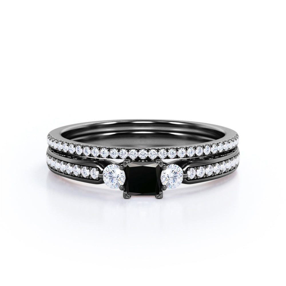 1.65 Carat Princess Cut Lab Grown Black Diamond Three Stone Vintage Wedding Ring In White Gold