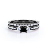 1.65 Carat Princess Cut Lab Grown Black Diamond Three Stone Vintage Wedding Ring In White Gold
