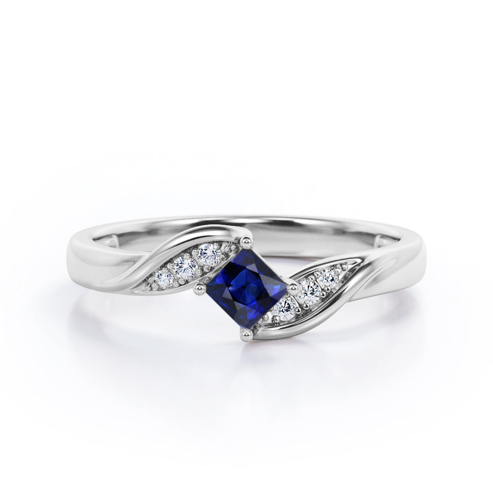 Twisted 7 Stone Ring - 0.55 carat Princess Blue Sapphire and Moissanite Elegant Engagement Ring in Rose Gold