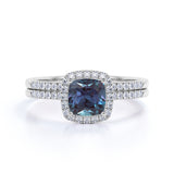 Semi Eternity Pave 1.75 Carat Cushion Cut and Diamond Halo Wedding Set Rings