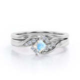 Petite Pave-Channel - 0.55 TCW Rhombus Princess Cut Moonstone and Moissanite - Prong Tensioned Wedding Ring Set - White Gold