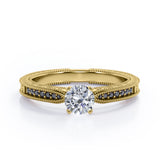 Edwardian Style - 1.25 TCW Round Cut Moissanite with Lab Created Black Diamond - Milgrain Bordered Engagement Ring in White Gold