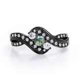 Double Milgrain Curve Infinity 0.7 carat Round Green Moss Agate and Moissanites Engagement Ring in Black Gold