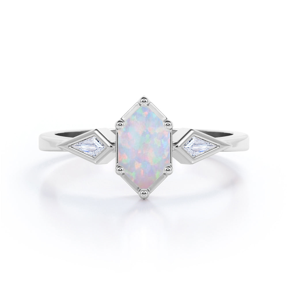 Elongated 1.10 Carat Hexagon Shaped Genuine Opal And Diamond Three Stone Trilogy Engagement Ring In Black Gold