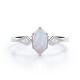 Elongated 1.10 Carat Hexagon Shaped Genuine Opal And Diamond Three Stone Trilogy Engagement Ring In Black Gold