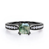 1.25 Ct Cushion Cut Moss Agate Milgrain Engagement Ring
