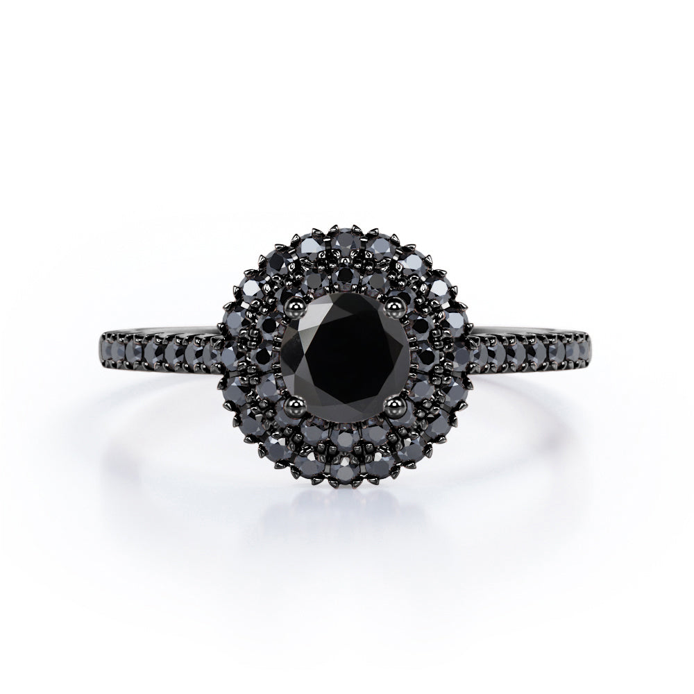 Double Halo Cluster - 1.5 TCW Round Shape Lab Created Black Diamond - Pave Accented Engagement Ring in White Gold