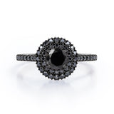 Double Halo Cluster - 1.5 TCW Round Shape Lab Created Black Diamond - Pave Accented Engagement Ring in White Gold