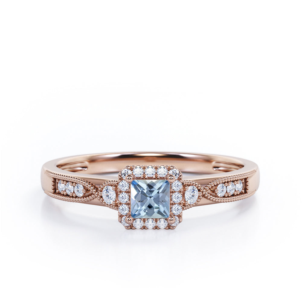 Infinity Milgrain - 1.15 Carat Princess Cut Aquamarine - Petite Pave Channel - Halo Engagement Ring in White Gold