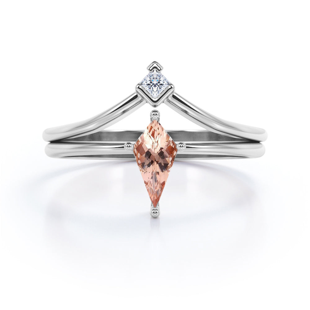 Exquisite 1 carat Kite Morganite and Moissanite Minimal Wedding Ring Set in Rose Gold