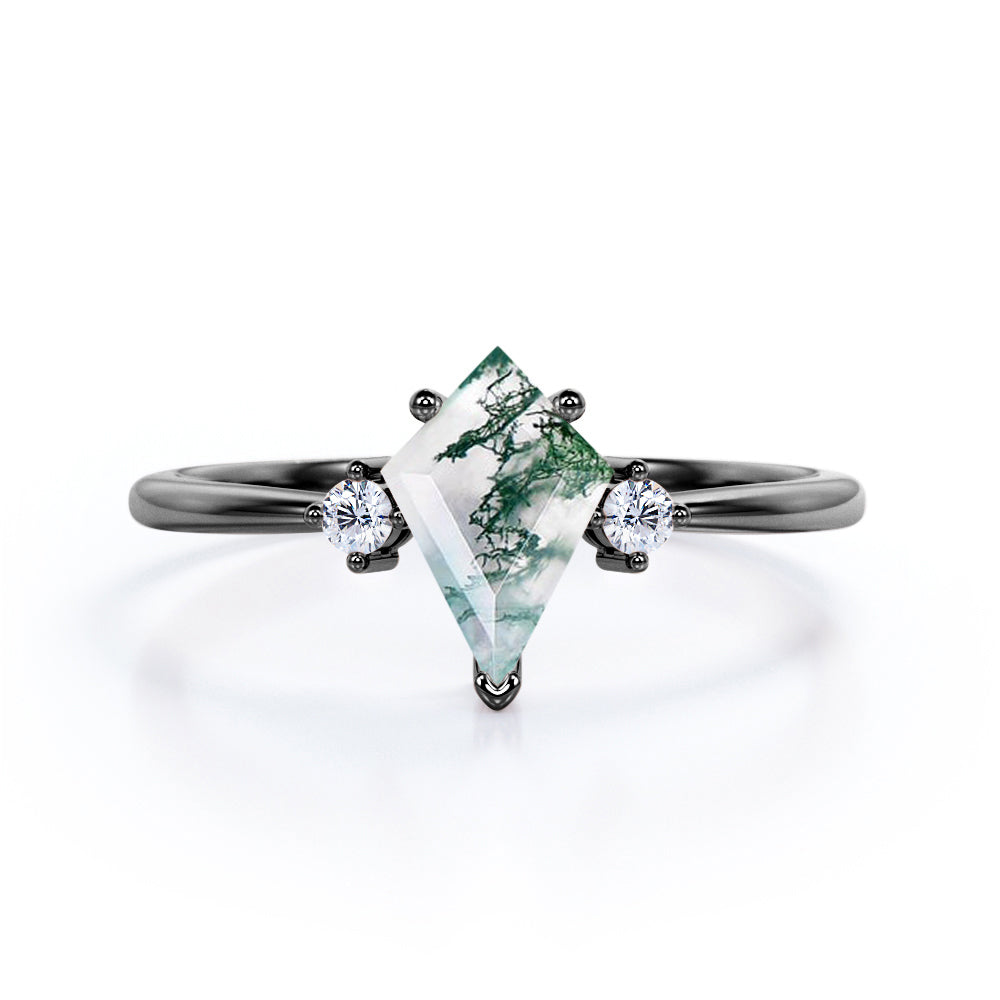 Minimal Three Stone 0.55 carat Kite Dendritic Moss agate and Moissanite Engagement Ring in Black Gold