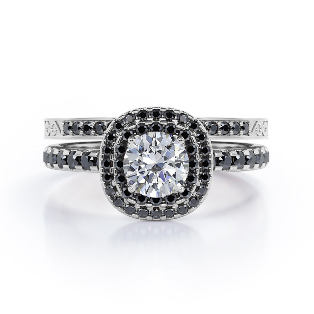 Cushion Double Halo 1.75 TCW Round Brilliant Cut Moissanite with Lab Created Black Diamond Bridal Set with Pave Accents in Black Gold