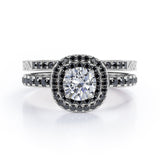 Cushion Double Halo 1.75 TCW Round Brilliant Cut Moissanite with Lab Created Black Diamond Bridal Set with Pave Accents in Black Gold