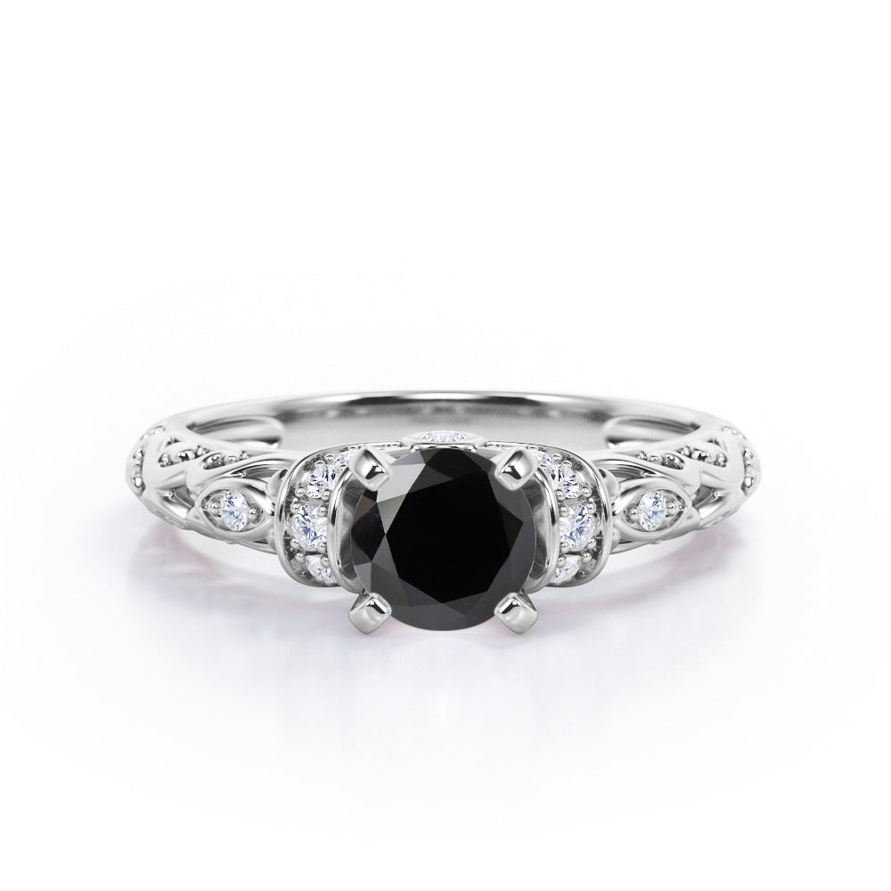 Classic Four Prong 1.15 Carat Round Cut Black Diamond Art Deco Engagement Ring In Black Gold