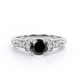 Classic Four Prong 1.15 Carat Round Cut Black Diamond Art Deco Engagement Ring In Black Gold