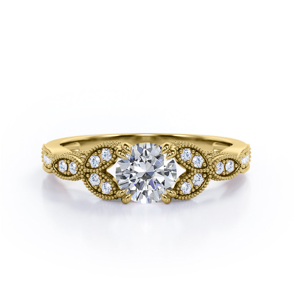 Floral Pattern 1.35 Carat Round Cut Moissanite And Diamond Beaded Art Deco Engagement Ring In Rose Gold