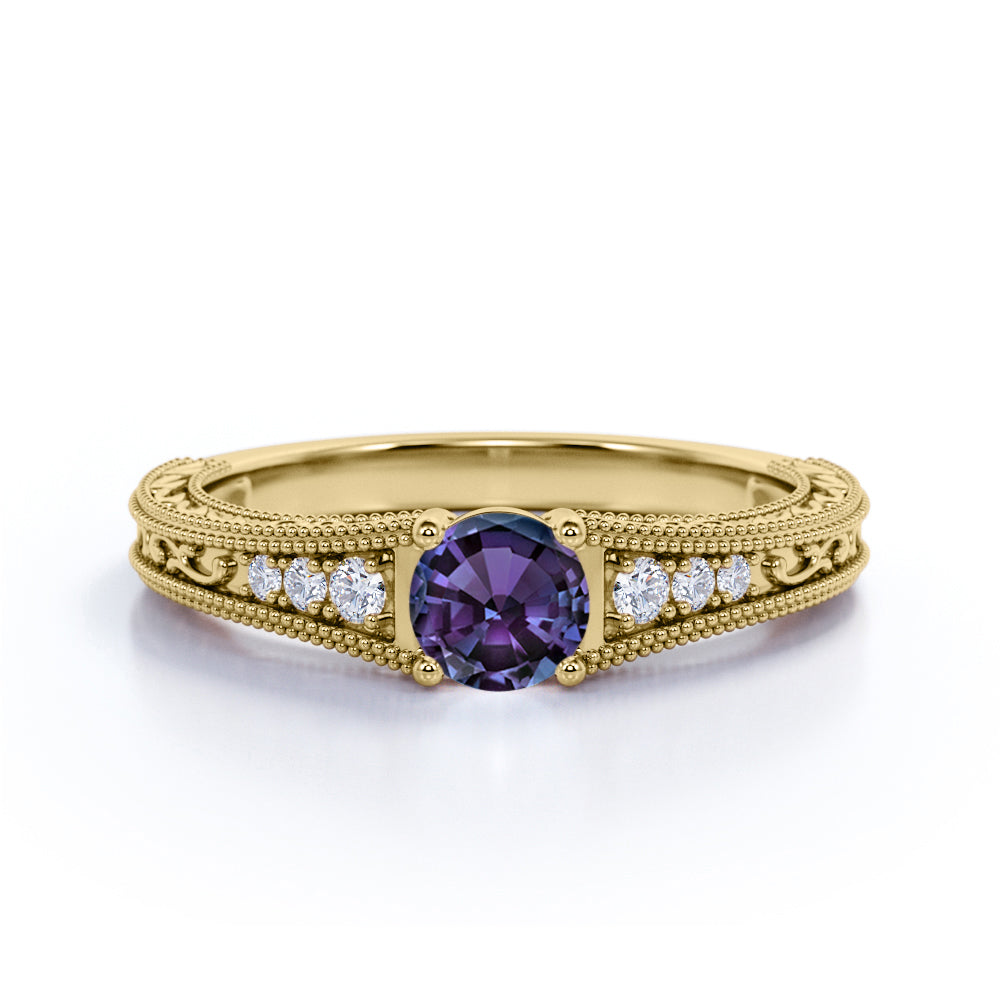 Vintage Prong Solitaire 1.25 Carat Round Cut Lab Made Purple Alexandrite and Diamond Art Deco Filigree Engagement Ring in White Gold for Her