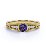 Vintage Prong Solitaire 1.25 Carat Round Cut Lab Made Purple Alexandrite and Diamond Art Deco Filigree Engagement Ring in White Gold for Her