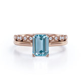 Bestselling 1.25 Carat emerald cut Aquamarine and Diamond Wedding Ring Set in White Gold