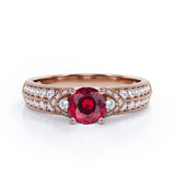 Antique 4 Prong 1.50 Carat Round Cut Lab Ruby And Diamond Vintage Milgrain Layered Engagement Ring In Rose Gold