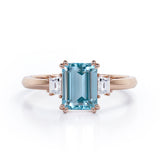 Eight Prongs 1.10 Carat Emerald Cut Aquamarine And Diamond Three Stone Engagement Ring In Rose Gold